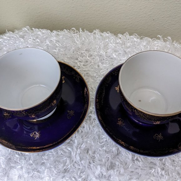 Lomonosov Porcelain Golden Frieze Cobalt 2 Tea Cups Saucers - 22 Karat Gold - Picture 11 of 11